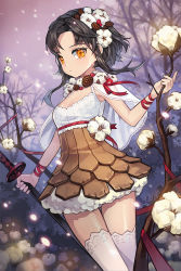 Rule 34 | 1girl, black hair, blush, breasts, brown eyes, capelet, cleavage, closed mouth, cotton boll, cowboy shot, expressionless, forest, hair ornament, highres, holding, holding sword, holding weapon, kinchee, looking at viewer, medium breasts, mole, mole under eye, nature, outdoors, pinecone, red ribbon, ribbon, see-through, short hair, short hair with long locks, snow, sword, sword girls, thighhighs, tree, weapon, white thighhighs, wrist ribbon