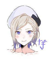 Rule 34 | 1girl, beret, black hat, blonde hair, blue eyes, blue hair, close-up, cropped shoulders, gradient hair, hat, jean bart (kancolle), kantai collection, looking at viewer, mole, mole under eye, multicolored hair, nagisa nagi, portrait, short hair, solo, two-tone headwear, white background, white hat