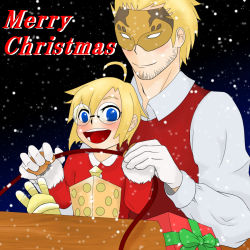 Rule 34 | 2boys, arc system works, artist request, blazblue, blonde hair, blue eyes, blush, carl clover, christmas, facial hair, family, father and son, glasses, gloves, happy, mask, multiple boys, open mouth, relius clover, short hair, smile, snow, stubble