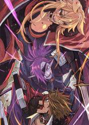 Rule 34 | 1girl, 2boys, :o, animal ears, armor, battle, black cape, black gloves, blonde hair, blood, blood on face, breasts, brown hair, cape, cleavage, collar, dog ears, eye contact, eyepatch, fur trim, glint, gloves, hair between eyes, highres, large breasts, long hair, looking at another, motion blur, multicolored hair, multiple boys, nonette carne, open mouth, pixiv fantasia, pixiv fantasia last saga, pointy ears, purple hair, red eyes, red hair, rleven drosselbart, rumie, spiked-hair, spiked hair, stab, streaked hair, sword, weapon, zomui horbule
