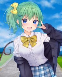 Rule 34 | 1girl, :d, absurdres, alternate costume, black cardigan, blue eyes, blue skirt, blush, bow, bowtie, buttons, cardigan, collared shirt, daiyousei, fairy, fairy wings, green hair, hair between eyes, hair ornament, hairclip, highres, long hair, long sleeves, open cardigan, open clothes, open mouth, plaid, plaid skirt, pleated skirt, school uniform, see-through, shirt, side ponytail, skirt, smile, solo, suigetsu (watermoon-910), touhou, upper body, v, v over eye, white shirt, wings, yellow bow, yellow bowtie