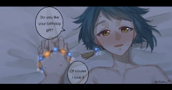 Rule 34 | 1boy, 1other, bed sheet, blue hair, blush, bracelet, collar, earrings, english text, ethylene ty, genshin impact, glowing, glowing jewelry, highres, holding, holding hands, jewelry, long sleeves, looking at viewer, lying, male focus, on back, open mouth, short hair, simple background, single earring, smile, solo focus, speech bubble, sweat, tassel, tassel earrings, trap, xingqiu (genshin impact), yellow eyes