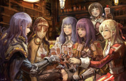 Rule 34 | 6+girls, acolyte (ragnarok online), alcohol, armor, bandana, blonde hair, blue cape, blue hair, bra, braid, brown capelet, brown dress, brown hair, brown headwear, brown jacket, cape, capelet, champagne, champagne flute, chest guard, closed mouth, commentary, cowboy shot, cross, crusader (ragnarok online), cup, dress, drinking glass, elvafirst, english commentary, floral print, french braid, gauntlets, green eyes, grin, high priest (ragnarok online), highres, jacket, juliet sleeves, long hair, long sleeves, looking at another, mage (ragnarok online), multiple girls, open mouth, pauldrons, puffy sleeves, purple hair, ragnarok online, red dress, rose print, sash, short hair, shoulder armor, shrug (clothing), smile, swordsman (ragnarok online), thief (ragnarok online), toasting (gesture), two-tone dress, underwear, white bra, white capelet, white dress, white sash
