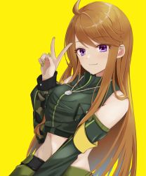 Rule 34 | 1girl, ahoge, arm up, armband, breasts, brown hair, camouflage, commentary, detached sleeves, dog tags, dot nose, eyelashes, green nails, green pants, green shirt, highres, idolmaster, idolmaster million live!, leaning back, long hair, looking at viewer, medium breasts, midriff, nail polish, pants, purple eyes, ryouta (ryouta335), shirt, sidelocks, simple background, smile, solo, swept bangs, tokoro megumi, upper body, v, yellow background