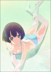 Rule 34 | 10s, 1girl, ano natsu de matteru, ass, bare legs, bare shoulders, barefoot, bikini, blue bikini, blue eyes, blue hair, blush, breasts, cleavage, collarbone, face, feet, from above, looking at viewer, looking up, lying, matching hair/eyes, mizuki makoto, on stomach, partially submerged, perspective, short hair, solo, submerged, swimsuit, tanigawa kanna, toes, water
