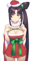 Rule 34 | 1girl, alternate costume, bare shoulders, black hair, blue eyes, blush, bow, breasts, candy, christmas, cleavage, commentary, cowboy shot, detached sleeves, dress, fate/grand order, fate (series), fur trim, highres, long hair, looking at viewer, medium breasts, pinta (ayashii bochi), pout, red dress, santa costume, side ponytail, solo, ushiwakamaru (fate), very long hair, waist bow, white background, wrapped candy, wrapper