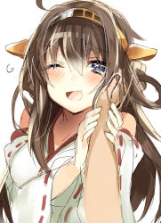 Rule 34 | 10s, 1girl, ;d, admiral (kancolle), ahoge, bare shoulders, blue hair, blush, brown hair, hairband, hand on another&#039;s cheek, hand on another&#039;s face, heart, heart-shaped pupils, kantai collection, kongou (kancolle), nochita shin, one eye closed, open mouth, pov, ribbon-trimmed sleeves, ribbon trim, smile, solo focus, symbol-shaped pupils, upper body, wink