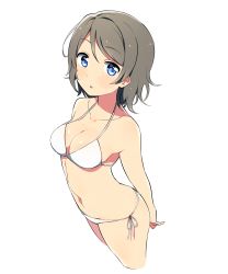 Rule 34 | 10s, 1girl, alternate costume, arms behind back, bad id, bad pixiv id, bare arms, bare shoulders, bikini, blue eyes, breasts, brown hair, clare (puyo2), cleavage, commentary request, eyebrows, halterneck, highres, looking at viewer, looking up, love live!, love live! sunshine!!, medium breasts, short hair, side-tie bikini bottom, simple background, solo, string bikini, swimsuit, watanabe you, white background, white bikini