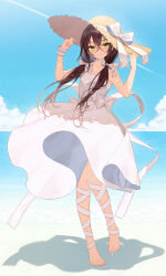Rule 34 | 1girl, barefoot, beach, blue sky, blush, bow, brown hair, closed mouth, cloud, cloudy sky, commentary, crossed bangs, dress, english commentary, eyelashes, feet, flat chest, full body, green eyes, hair bow, hair ribbon, hands up, hat, hat ribbon, highres, knees together feet apart, long hair, looking at viewer, minasenagi, ocean, original, outdoors, ribbon, scrunchie, shadow, sidelocks, sky, sleeveless, sleeveless dress, smile, solo, standing, straw hat, sun hat, toenails, toes, white dress, white ribbon, wrist scrunchie