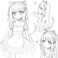 Rule 34 | 1girl, ?, animal ears, apron, blush, cat ears, cat girl, cat tail, choker, closed mouth, collarbone, dress, eighth note, flower, frilled apron, frills, greyscale, hair flower, hair ornament, hair ribbon, long hair, maid, monochrome, multiple views, musical note, original, puffy short sleeves, puffy sleeves, ribbon, riria (happy strawberry), short sleeves, sidelocks, simple background, sketch, smile, tail, thighhighs, translation request, very long hair, waist apron, white background