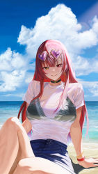 Rule 34 | 1girl, absurdres, alternate costume, anchor earrings, arm support, bad id, bad pixiv id, bburi, beach, bikini, bikini top only, bikini under clothes, black bikini, black choker, blue skirt, blue sky, bracelet, breasts, choker, closed mouth, cloud, commentary request, day, earrings, eyewear on head, hair down, heart, heart-shaped eyewear, heterochromia, highres, hololive, houshou marine, jewelry, knee up, large breasts, long hair, looking at viewer, ocean, outdoors, red eyes, red hair, sand, see-through, shirt, short sleeves, sitting, skirt, sky, smile, solo, swimsuit, virtual youtuber, water, white shirt, yellow eyes
