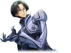 Rule 34 | 1boy, armor, artist request, asahina shougo, black hair, blue eyes, bodysuit, closed mouth, code geass, code geass: lost stories, cropped torso, cropped vest, dutch angle, forehead, game cg, glasses, grey bodysuit, grey vest, hair intakes, hand up, looking at viewer, male focus, non-web source, official art, rimless eyewear, round eyewear, short hair, shoulder armor, simple background, solo, standing, transparent background, upper body, v-shaped eyebrows, vest