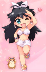 Rule 34 | 1girl, bad id, bad pixiv id, breasts, chibi, earrings, fang, ganaha hibiki, heart, idolmaster, idolmaster (classic), jewelry, long hair, looking at viewer, one eye closed, open mouth, sandals, smile, solo, wink, zipang (zip@ng works)