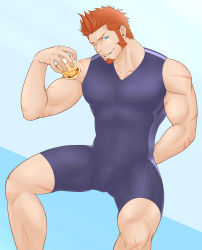 Rule 34 | 1boy, abs, alcohol, arm behind back, bara, beard, blue bodysuit, blue eyes, bodysuit, brown hair, bulge, commentary request, drink, facial hair, fate/grand order, fate (series), highres, ice, ice cube, large pectorals, long sideburns, looking at viewer, male focus, muscular, napoleon bonaparte (fate), nipples, one eye closed, pectorals, porkjinta, scar, sideburns, simple background, skin tight, smile, solo, upper body, whiskey, wrestling outfit