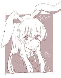 Rule 34 | 1girl, animal ears, blazer, character name, commentary request, highres, jacket, long hair, looking at viewer, mana (tsurubeji), monochrome, necktie, rabbit ears, reisen udongein inaba, shirt, signature, simple background, sketch, smile, solo, touhou, white background