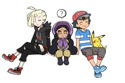 Rule 34 | 1girl, 2boys, ?, ahoge, ame (ame025), ash ketchum, baseball cap, black footwear, black hair, black pants, blonde hair, blue footwear, bonnet, boots, closed eyes, closed mouth, commentary request, creatures (company), game freak, gen 1 pokemon, gladion (pokemon), gloves, grey pants, half-closed eyes, hapu (pokemon), hat, hood, hood down, hoodie, invisible chair, jumpsuit, long hair, multiple boys, nintendo, pants, pikachu, pokemon, pokemon (anime), pokemon (creature), pokemon sm (anime), purple headwear, red footwear, red headwear, shirt, shoes, short hair, short sleeves, sitting, smile, spoken question mark, striped clothes, striped shirt, sweat, t-shirt, torn clothes, torn pants, twintails, wavy mouth