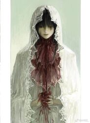 1girl ayez black_eyes black_hair blood blood_on_clothes blood_on_hands chinese_commentary commentary_request dress grey_background half-closed_eyes holding jewelry lace-trimmed_veil lace_trim letterboxed long_hair looking_at_hands marking_on_cheek original own_hands_together parted_lips pink_lips ring slit_throat smile solo straight-on straight_hair upper_body vest weibo_watermark white_dress white_vest