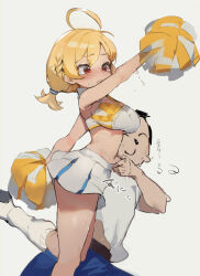 Rule 34 | 1boy, 1girl, ahoge, belly grab, black hair, blonde hair, blue archive, blue pants, blush, braid, breasts, cleavage, closed eyes, closed mouth, commentary request, feet out of frame, from side, hair over one eye, hand on another&#039;s stomach, highres, holding, holding pom poms, kotori (blue archive), kotori (cheer squad) (blue archive), large breasts, long hair, millennium cheerleader outfit (blue archive), outstretched arms, pants, pinching, pleated skirt, pom pom (cheerleading), pom poms, red eyes, sensei (blue archive), shirt, shoes, short hair, short twintails, simple background, skirt, socks, standing, standing on one leg, sweat, tearing up, translation request, twintails, uttotobokuzen, white background, white shirt, white skirt
