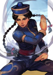 Rule 34 | 1girl, braid, brown eyes, brown hair, chinese clothes, cowboy shot, double bun, fighting stance, hair bun, hair ribbon, hat, hungry clicker, long hair, long sleeves, looking to the side, outdoors, outside border, pai chan, pillarboxed, ribbon, sega, solo, twin braids, virtua fighter, wind