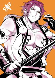 Rule 34 | 10s, 1boy, bare shoulders, black gloves, bug, clenched hand, dragonfly, eyebrows, gloves, highres, holding, holding weapon, bug, japanese clothes, long sideburns, looking at viewer, pectoral cleavage, male focus, monochrome, muscular, orange background, orange eyes, parted lips, pectorals, pom pom (clothes), purple hair, sarashi, sideburns, simple background, solo, thick eyebrows, tokimachi eisei, tonbokiri (touken ranbu), touken ranbu, upper body, weapon