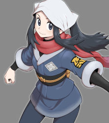 1girl, black hair, clenched hand, closed mouth, commentary, creatures (company), eyelashes, female protagonist (pokemon legends: arceus), floating hair, floating scarf, game freak, grey background, grey eyes, grey legwear, head scarf, highres, long hair, looking at viewer, nintendo, nutkingcall, pantyhose, pokemon, pokemon (game), pokemon legends: arceus, ponytail, red scarf, sash, scarf, sidelocks, simple background, smile, solo, white headwear