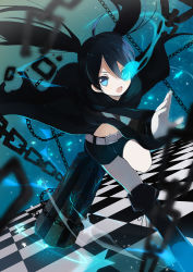 Rule 34 | 10s, 1girl, ahoge, arm cannon, bad id, bad pixiv id, bikini, bikini top only, black hair, black rock shooter, black rock shooter (character), blue eyes, blue fire, chain, checkered floor, coat, fire, floor, kitsuta, long hair, perspective, scar, shorts, solo, star (symbol), swimsuit, twintails, weapon