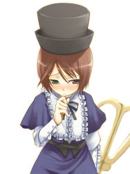 Rule 34 | 00s, 1girl, brown hair, frills, green eyes, hand on own face, hat, heterochromia, jirou (chekoro), looking away, neck ribbon, oversized object, red eyes, ribbon, rozen maiden, scissors, short hair, shy, simple background, solo, souseiseki, top hat