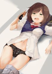 Rule 34 | 1girl, black panties, blue sweater, blush, bow, bow panties, bowtie, clothes pull, commentary request, dress shirt, fang, from above, frown, glasses, green eyes, grey skirt, half-closed eyes, highres, idolmaster, idolmaster cinderella girls, key, keyring, lace, lace-trimmed panties, lace trim, looking at viewer, lying, maekawa miku, miniskirt, navel, on back, open mouth, panties, partially unbuttoned, pleated skirt, red-framed eyewear, red bow, red bowtie, school uniform, shirt, short sleeves, shuiro (frog-16), skirt, skirt pull, solo, sweat, sweater, sweater vest, thigh gap, underwear, vest lift, white shirt, wing collar