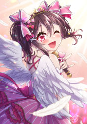 1girl 2020 ;d bare_shoulders blush bow brown_hair commentary_request dress feathered_wings feathers frilled_dress frills hair_between_eyes hair_bow hair_ornament hairclip heart highres holding holding_microphone layered_dress looking_at_viewer looking_back love_live! love_live!_school_idol_festival love_live!_school_idol_festival_all_stars love_live!_school_idol_project m/ microphone mono_land multiple_wings one_eye_closed open_mouth pink_bow pink_dress pleated_dress signature smile solo striped_clothes striped_dress tiara twintails vertical-striped_clothes vertical-striped_dress white_feathers white_wings wings x_hair_ornament yazawa_nico yazawa_nico_(smiley_angel)