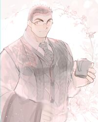 Rule 34 | 1boy, absurdres, alternate costume, bara, brown theme, cowboy shot, cup, floral background, glasses, highres, large pectorals, looking at viewer, male focus, monochrome, motoori shiro, mug, muscular, muscular male, necktie, pectorals, shirt, short hair, solo, thick eyebrows, tokyo houkago summoners, tyou