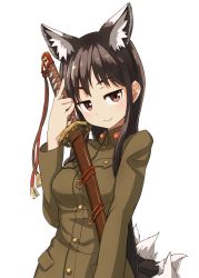 Rule 34 | 1girl, animal ears, black hair, brown eyes, fox ears, fox tail, highres, katana, long hair, looking at viewer, military, military uniform, multiple tails, nosuku, original, simple background, smile, solo, sword, tail, uniform, weapon, white background