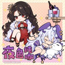 Rule 34 | 2girls, animal ears, benghuai xueyuan, black hair, bottle, breasts, chibi, closed eyes, closed mouth, copyright name, crossover, cup, dress, drinking glass, earrings, hair ornament, honkai (series), jewelry, long hair, multiple girls, official art, rabbit ears, rebekah (benghuai xueyuan), red dress, red eyes, second-party source, sleeping, slumber (benghuai xueyuan), white hair, wine bottle, wine glass