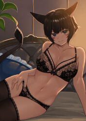 Rule 34 | 1girl, animal ears, aqua eyes, arm support, black hair, black thighhighs, bra, breasts, cleavage, closed mouth, collarbone, commentary, commission, cowboy shot, facial mark, final fantasy, final fantasy xiv, frilled pillow, frills, highres, indoors, lace, lace-trimmed legwear, lace bra, lace panties, lace trim, large breasts, looking at viewer, lying, miqo&#039;te, navel, on bed, on side, original, panties, pillow, ramachiru, short hair, skeb commission, slit pupils, smile, solo, stomach, tail, thighhighs, thighs, underwear, underwear only, warrior of light (ff14)