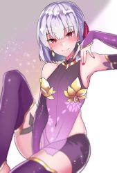 Rule 34 | 1girl, abi (abimel10), armpits, bare shoulders, between legs, blush, breasts, commentary request, detached sleeves, dress, earrings, fate/grand order, fate (series), hair ribbon, hand between legs, jewelry, kama (fate), kama (first ascension) (fate), looking at viewer, nail polish, navel, pink nails, purple dress, purple sleeves, purple thighhighs, red eyes, red ribbon, ribbon, see-through, short hair, sleeveless, sleeveless dress, smile, solo, thighhighs