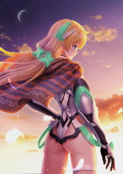 Rule 34 | 1girl, angela balzac, armored leotard, ass, black gloves, blonde hair, closed mouth, cowboy shot, crescent moon, dusk, from behind, gloves, green eyes, guang yiren, hand on own hip, highleg, highleg leotard, highres, leotard, long hair, low twintails, moon, outdoors, profile, rakuen tsuihou, sky, solo, standing, star (sky), starry sky, thigh strap, twintails, very long hair, white leotard