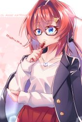 Rule 34 | 1girl, absurdres, alternate costume, ange katrina, blue eyes, character name, glasses, hand on own elbow, highres, holding, holding pen, jacket, jacket on shoulders, nijisanji, office lady, papa-kun (destiny549-2), pen, red hair, short hair, solo, triangle hair ornament, virtual youtuber