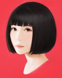 Rule 34 | 1girl, black eyes, black hair, bob cut, commentary request, cropped shoulders, highres, ilya kuvshinov, lips, looking at viewer, matsuoka mayu, nose, portrait, real life, realistic, red background, short hair, simple background, solo