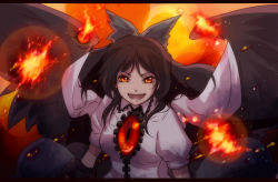 Rule 34 | 1girl, anime coloring, bow, brown hair, cape, dress shirt, female focus, fire, hair bow, kamabo ko, laughing, letterboxed, looking at viewer, open mouth, orange eyes, reiuji utsuho, shirt, short sleeves, solo, touhou, upper body, wings