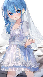 Rule 34 | 1girl, absurdres, blue eyes, blue hair, blue nails, collarbone, commentary request, dress, highres, hololive, hoshimachi suisei, jewelry, kneeling, looking at viewer, nail polish, ornate ring, ring, side ponytail, solo, thighhighs, veil, virtual youtuber, wedding dress, wedding ring, white dress, white thighhighs, yoru uyo