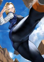 Rule 34 | 1girl, absurdres, android 18, ass, black pantyhose, blonde hair, blue eyes, blue sky, breasts, denim, denim jacket, denim skirt, dragon ball, dragonball z, forehead, from below, highres, jacket, kicking, large breasts, legs, long hair, long sleeves, looking at viewer, pantyhose, parted bangs, skirt, sky, solo, upskirt, yoshio (55level)