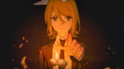Rule 34 | 1girl, black background, black necktie, black suit, blonde hair, bow, commentary, dress shirt, dropping, expressionless, fire, foreshortening, formal, hair bow, highres, kagamine rin, lighter, looking at viewer, necktie, outstretched arm, shirt, short hair, solo, suit, upper body, vocaloid, white bow, white shirt, wounds404