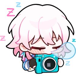 Rule 34 | 1girl, black gloves, blush, camera, chibi, closed eyes, commentary, ear blush, english commentary, gloves, holding, holding camera, honkai: star rail, honkai (series), long sleeves, march 7th (honkai: star rail), medium hair, official art, pink hair, sleeping, solo, transparent background, upper body, white sleeves, zzz