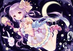 Rule 34 | 1girl, :d, absurdres, ahoge, bow, brown eyes, crown, dress, floating hair, full body, hair bow, highres, holding, holding staff, huge filesize, long hair, magical girl, moon, open mouth, original, pink eyes, purple bow, purple hair, silver hair, smile, solo, staff, star (symbol), very long hair, wasabi (sekai), white bow, wrist cuffs