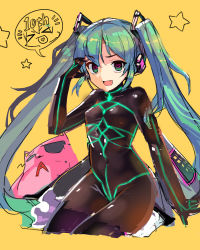 Rule 34 | 1girl, :d, aqua hair, bodysuit, commentary, fang, green eyes, hatsune miku, heart, heart-shaped pupils, long hair, looking at viewer, no&#039;mad, open mouth, smile, solo, speech bubble, star (symbol), sunglasses, symbol-shaped pupils, twintails, very long hair, vocaloid