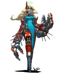 Rule 34 | 1girl, absurdres, artist name, blonde hair, breasts, china dress, chinese clothes, claws, cyberpunk, cyborg, dress, female focus, full body, hair between eyes, halo, highres, joints, koutetu yarou, large breasts, long hair, looking at viewer, mecha musume, original, oversized forearms, oversized limbs, purple eyes, robot joints, science fiction, signature, simple background, solo, white background
