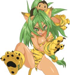 Rule 34 | 1girl, animal ears, breasts, cham cham, green hair, large breasts, long hair, lowres, nipples, open mouth, pixel art, pussy, samurai spirits, simple background, snk, tail, torn clothes, warner