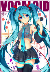 Rule 34 | 1girl, aqua eyes, baisi shaonian, blue eyes, crop top, crop top overhang, detached sleeves, hatsune miku, highres, long hair, looking at viewer, microphone, midriff, necktie, skirt, solo, thighhighs, twintails, very long hair, vocaloid