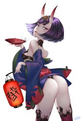 Rule 34 | 1girl, absurdres, alcohol, arched back, ass, bare shoulders, blush, bob cut, breasts, collarbone, cup, eyeliner, fate/grand order, fate (series), headpiece, highres, horns, japanese clothes, kimono, lantern, licking lips, long sleeves, looking at viewer, looking back, makeup, oni, open mouth, outause, paper lantern, purple eyes, purple hair, purple kimono, revealing clothes, sakazuki, sake, short hair, short kimono, shuten douji (fate), simple background, skin-covered horns, small breasts, smile, thighs, tongue, tongue out, white background, wide sleeves