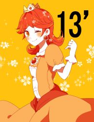 Rule 34 | 1girl, ;), blush, closed eyes, dress, gloves, indisk irio, long hair, looking at viewer, mario (series), nintendo, one eye closed, orange dress, orange hair, parted bangs, princess daisy, short sleeves, smile, solo, standing, super mario land, super smash bros., w, white gloves, wink, yellow background
