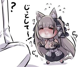 Rule 34 | 1girl, :d, animal ear fluff, animal ears, azur lane, black bow, black dress, black footwear, blush, bow, breasts, bridal gauntlets, cat ears, cat girl, cat tail, chibi, cleavage, collarbone, commander (azur lane), commentary request, dress, fang, flying sweatdrops, formidable (azur lane), frilled dress, frills, grey hair, hair bow, heart, heavy breathing, jacket, kemonomimi mode, large breasts, long hair, nose blush, open mouth, pants, red eyes, shadow, sitting, smile, solo focus, standing, tail, translation request, u-non (annon&#039;an), very long hair, white background, white jacket, white pants